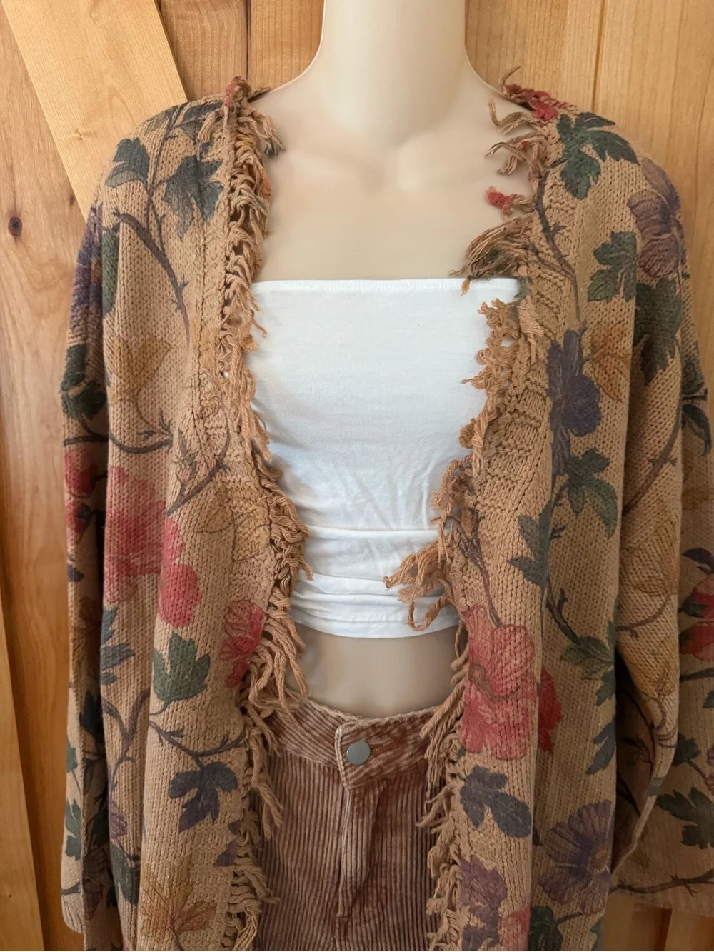 POL Floral Print Fringe Open Cardigan Boho Cottagecore Oversized Sweater L